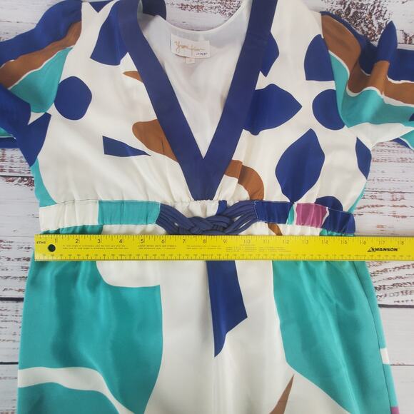 Yumi Kim Multicolor Abstract 100% Silk Dress S Plunge VNeck 3/4 Sleeve Geo Print - Picture 12 of 15